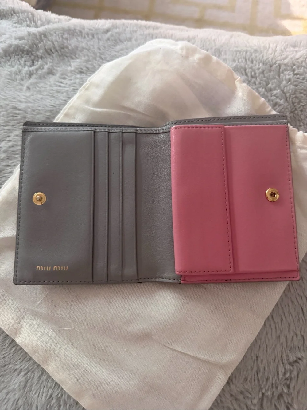 Miu Miu Gray Leather Wallet with Pink Heart Print